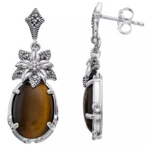 925 Sterling Silver Tiger's Eye & Marcasite Drop Earrings, post back - EUC!